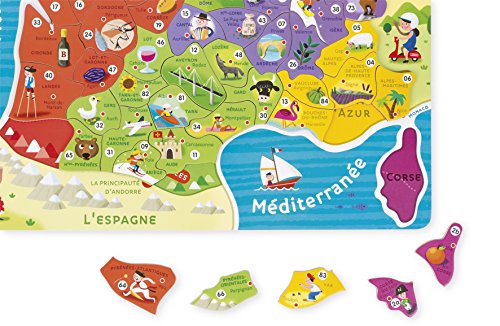 Janod - Mapa Magnético de Francia - 93 Piezas Magnéticas - Puzzle Infantil y Juego Educativo - Descubrimiento y Memorización - Francés - A Partir de 7 Años, J05480