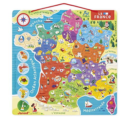 Janod - Mapa Magnético de Francia - 93 Piezas Magnéticas - Puzzle Infantil y Juego Educativo - Descubrimiento y Memorización - Francés - A Partir de 7 Años, J05480