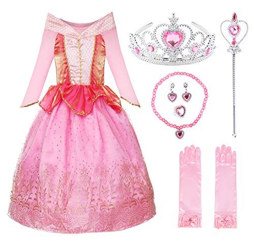 JerrisApparel Niña Princesa Aurora Disfraz Vestir Bella Durmiente Vestito (Aurora Rosada con Accesorios, 4 años)