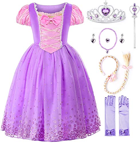 JerrisApparel Niña Princesa Disfraz Flor Navidad Cosplay Fiesta Vestido (5 años, Morado con Accesorios)