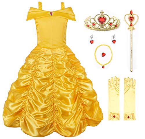 JerrisApparel Niña Princesa Disfraz Fuera del Hombro Cosplay Partido Vestido (8 años, Amarillo con Accesorios)