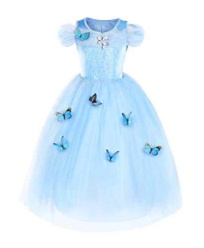 JerrisApparel Nuevo Vestido de niña Ceremonia Princesa Disfraz con Mariposa (120cm, Cielo Azul con Accesorios)