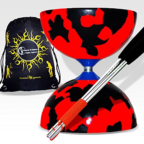 JESTER Pro Diabolo Set (Noir/Rouge) + Diablo Baguettes en Aluminium + Ficelle Diabolo + Sac de transport. by Juggle Dream