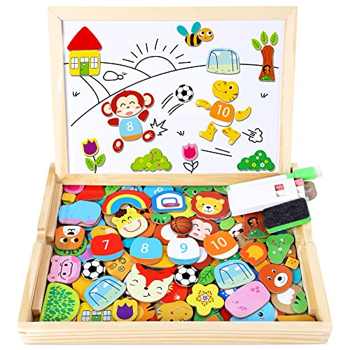 Jojoin 110 pcs Puzzles de Madera Magnética, Rompecabeza Magnético de Madera, Juguete Madera con Pizarra Magnética para Dibujo de Doble Cara, Educativo de Rompecabeza y Dibujo para NIño de 3 4 5 Años