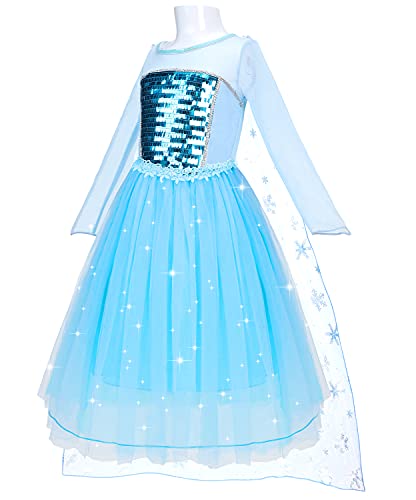 Jojoin Disfraz de Princesa Elsa, Vestido de Princesa, Disfraz Niña, Traje de Princesa con collar, bandas de pelo, varita, para Fiesta de Cosplay/Boda/Partido/Cumpleaño/Navidad/Halloween 110 Cm