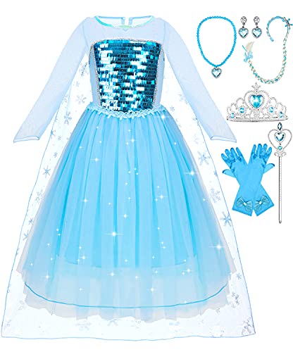 Jojoin Disfraz de Princesa Elsa, Vestido de Princesa, Disfraz Niña, Traje de Princesa con collar, bandas de pelo, varita, para Fiesta de Cosplay/Boda/Partido/Cumpleaño/Navidad/Halloween 120 Cm