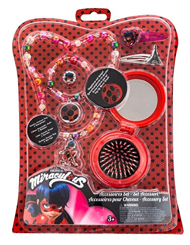 Joy Toy 65988 Figuras & Charactere Miraculous - Juego de Joyas con 2 Horquillas con Purpurina, Cadena de Perlas, Anillo y Cepillo desplegable con Espejo en blíster, 20 x 2 x 28,5 cm, Chicas