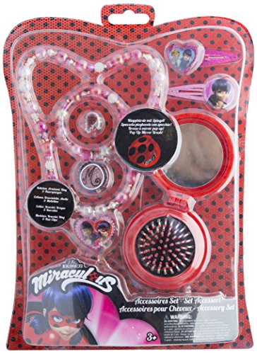 Joy Toy 65988 Figuras & Charactere Miraculous - Juego de Joyas con 2 Horquillas con Purpurina, Cadena de Perlas, Anillo y Cepillo desplegable con Espejo en blíster, 20 x 2 x 28,5 cm, Chicas