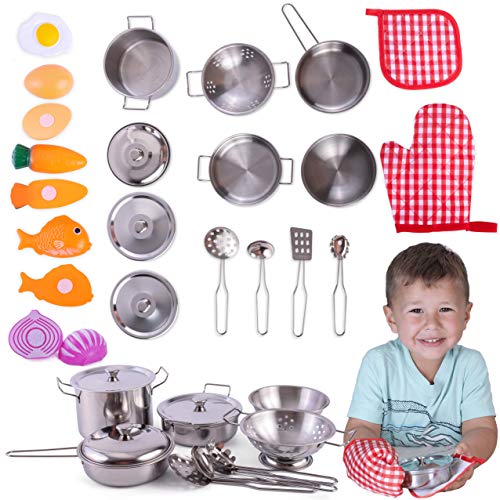 JoyKip Cocina, Juego de simulación, Juguetes, Accesorios con Utensilios de Cocina de Acero Inoxidable, Juego de ollas y sartenes, Juguete en Miniatura para niños y niñas de 3 años +