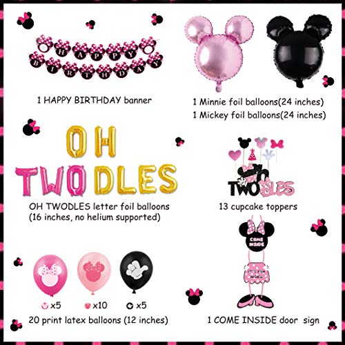 JOYMEMO Segundo Segundo cumpleaños Fiesta Decoraciones temáticas de Minnie Mouse para niñas Negro y Rosa, Adorno de Pastel Brillante, Colgante de Puerta de Minnie