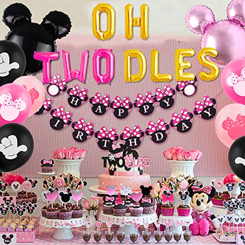 JOYMEMO Segundo Segundo cumpleaños Fiesta Decoraciones temáticas de Minnie Mouse para niñas Negro y Rosa, Adorno de Pastel Brillante, Colgante de Puerta de Minnie