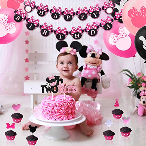 JOYMEMO Segundo Segundo cumpleaños Fiesta Decoraciones temáticas de Minnie Mouse para niñas Negro y Rosa, Adorno de Pastel Brillante, Colgante de Puerta de Minnie