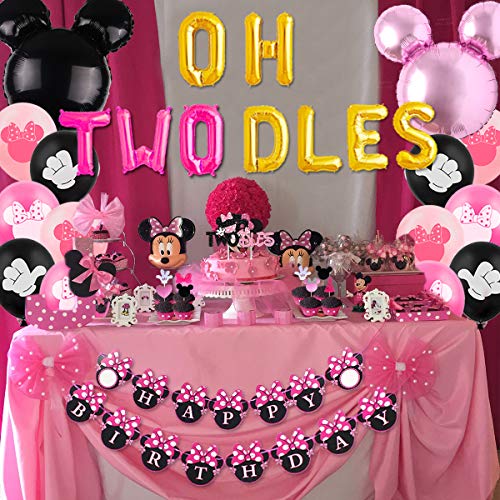 JOYMEMO Segundo Segundo cumpleaños Fiesta Decoraciones temáticas de Minnie Mouse para niñas Negro y Rosa, Adorno de Pastel Brillante, Colgante de Puerta de Minnie