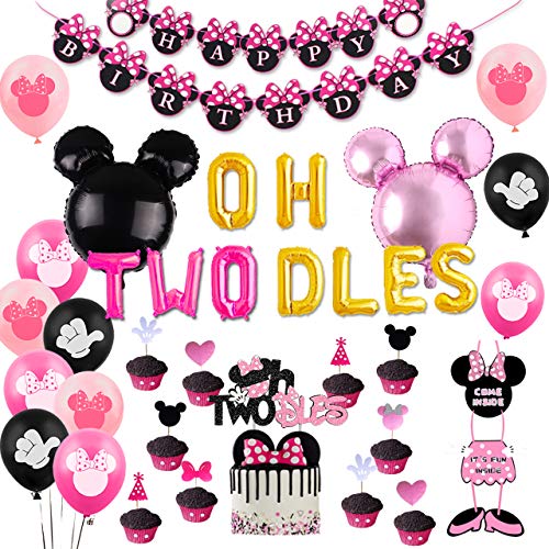 JOYMEMO Segundo Segundo cumpleaños Fiesta Decoraciones temáticas de Minnie Mouse para niñas Negro y Rosa, Adorno de Pastel Brillante, Colgante de Puerta de Minnie