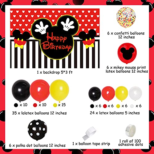 JOYMEMO Suministros temáticos de fiesta de cumpleaños de Mickey Mouse, kit de guirnalda de globos negros con fondo de Mickey para niños 1º 2º 6 meses decoración de cumpleaños