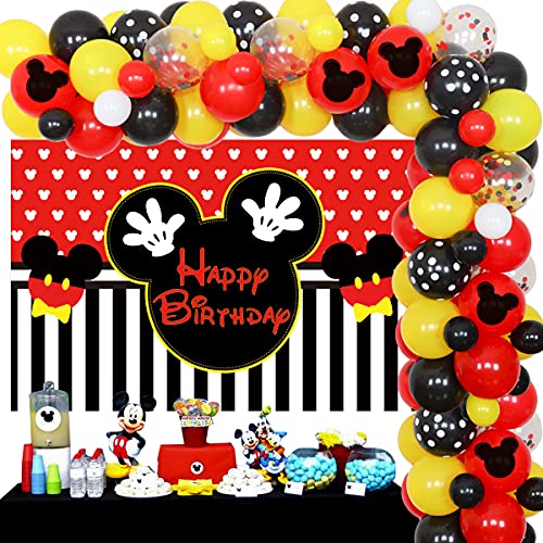 JOYMEMO Suministros temáticos de fiesta de cumpleaños de Mickey Mouse, kit de guirnalda de globos negros con fondo de Mickey para niños 1º 2º 6 meses decoración de cumpleaños