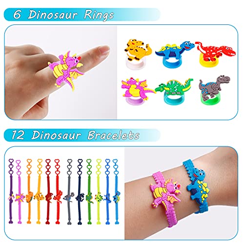 JOYUE 50PCS Dinosaurio Cumpleaños de Regalo, Pulsera Dinosaurio, Llavero, Tatuajes Temporale, Marcador, Pulseras Bofetada, Anillo de Dinosaurio para Niños Dinosaurio Fiesta Cumpleaños