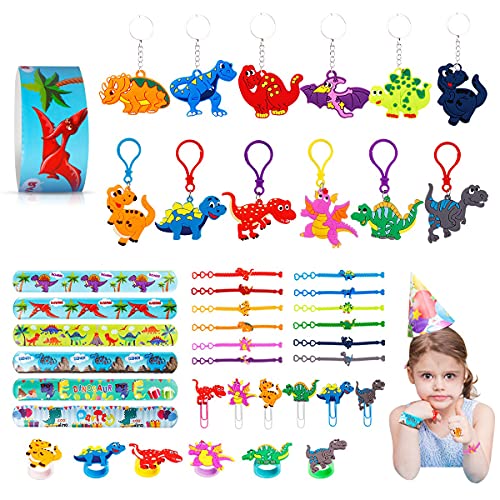 JOYUE 50PCS Dinosaurio Cumpleaños de Regalo, Pulsera Dinosaurio, Llavero, Tatuajes Temporale, Marcador, Pulseras Bofetada, Anillo de Dinosaurio para Niños Dinosaurio Fiesta Cumpleaños