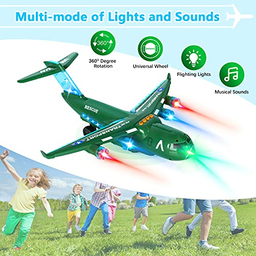 Juego Aviones de Control Remoto, Juguete de Aviones de Transporte Rescate, Avion de Coche con Educativos , Vehículos de Aviones con Luces LED y Música para niños de 3 4 5 6 7 8 años (Verde)