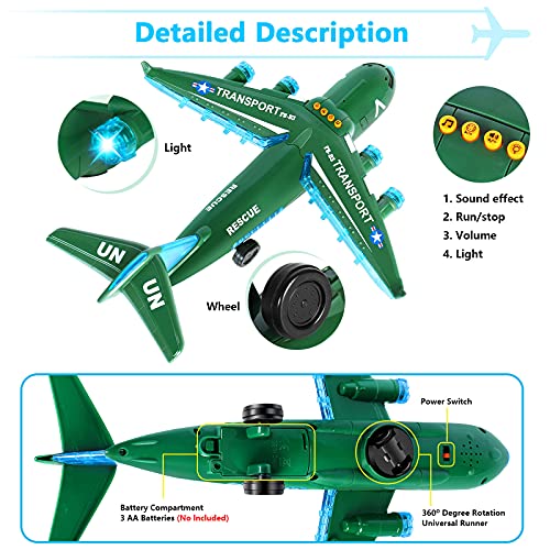 Juego Aviones de Control Remoto, Juguete de Aviones de Transporte Rescate, Avion de Coche con Educativos , Vehículos de Aviones con Luces LED y Música para niños de 3 4 5 6 7 8 años (Verde)