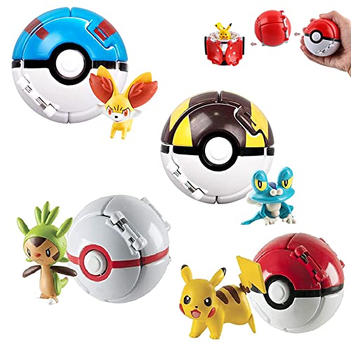 Juego de 4 bolas de combate, Pokeball, saltar automático, minipelota de elfo, decoración de muñecas, dibujos animados, juego de juguetes para muñecas, 4 unidades