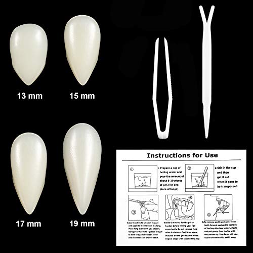 Juego de 8 Colmillos de Dientes de Vampiro Dientes Falsos de Horror de Disfraz de Halloween Adornos 4 Tamaños con Pellets de Diente Instrucción Herramientas de Instalación para Fiesta de Disfra