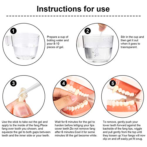 Juego de 8 Colmillos de Dientes de Vampiro Dientes Falsos de Horror de Disfraz de Halloween Adornos 4 Tamaños con Pellets de Diente Instrucción Herramientas de Instalación para Fiesta de Disfra