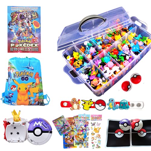 Juego de batalla de Pokémon: 144 figuras de Pokemon+1 caja de almacenamiento+ 1 libros ilustrados+2 bolas de póke+2 alfombrillas de batalla+1 bolsa de almacenamiento+2 pegatinas+2 bolas básicas(pro)