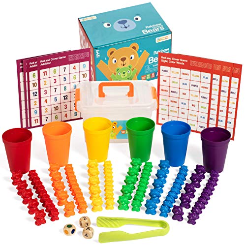 Juego de ositos de conteo de arco iris con tazas para niños y niños de 3 años en adelante, incluye tarjetas de actividad adicionales para fomentar la diversión y el aprendizaje para toda la familia