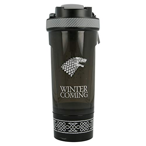 JUEGO DE TRONOS (GOT) - STARK | Shaker con compartimento para los polvos | Botella mezcladora con tamiz para batidos de proteínas y BCAA - sin BPA - 850 ML - a prueba de fugas - Incluye bola