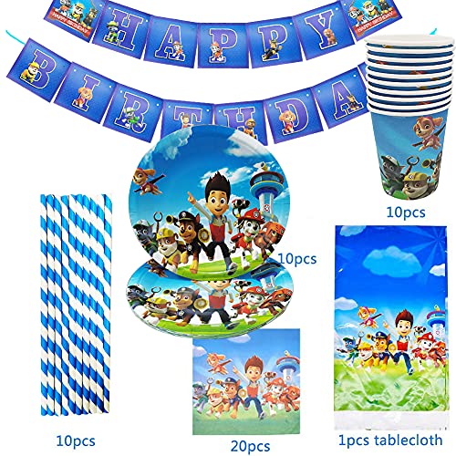 Juego de vajilla de cumpleaños para niños, Paw Dog Patrol que incluye platos, tazas, servilletas, manteles, decoraciones de cumpleaños de Paw Dog Patrol…