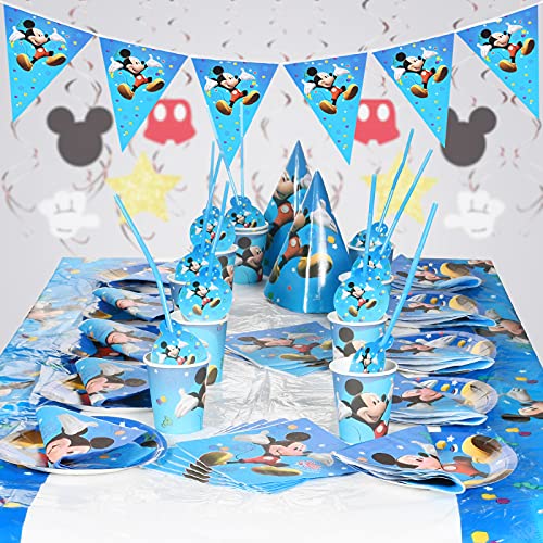 Juego de vajilla para fiestas,88pcs Set de Fiesta de cumpleaños de Mickey,Vajilla Mickey Platos de Servilletas y Manteles,Suministros de Fiesta con Temática de Mickey Mouse para Niños Baby Shower