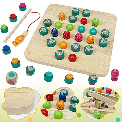 Juegos de Mesa Juguetes Madera Montessori-3 en 1 Juego de Pesca Magnético Clip Beads Memory Ajedrez Madera Juegos Montessori Educativos Juguetes Regalos para Niños Infantiles 3 4 5 6 Años Niños Niñas