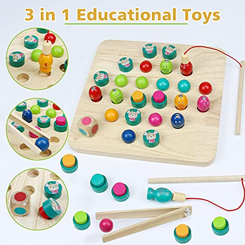 Juegos de Mesa Juguetes Madera Montessori-3 en 1 Juego de Pesca Magnético Clip Beads Memory Ajedrez Madera Juegos Montessori Educativos Juguetes Regalos para Niños Infantiles 3 4 5 6 Años Niños Niñas