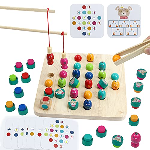 Juegos de Mesa Juguetes Madera Montessori-3 en 1 Juego de Pesca Magnético Clip Beads Memory Ajedrez Madera Juegos Montessori Educativos Juguetes Regalos para Niños Infantiles 3 4 5 6 Años Niños Niñas