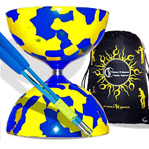 Juggle Dream Jester Diabolo con Palos de Carbono, Diablo Cuerda y Flames N Games Bolsa de Viaje (Azul/Amarillo + Azul Palos)