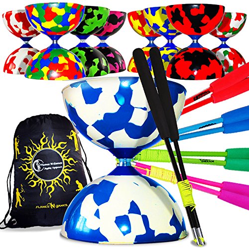 Juggle Dream Jester Diabolo con Palos de Carbono, Diablo Cuerda y Flames N Games Bolsa de Viaje (Azul/Amarillo + Azul Palos)