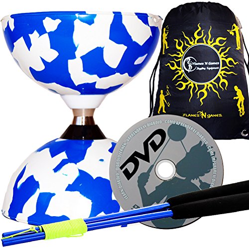 Juggle Dream Jester Diabolo con Rodamiente de Bolas Pro Conjunto + Palos de Aluminio, Cuerda, Trucos de Diabolo DVD + Diabolos Bolsa de Viajo (Azul/Blanco + Palos Azules)