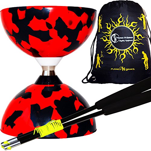 Juggle Dream Jester Diabolo con Rodamiente de Bolas Pro Conjunto + Palos de Fibra, Cuerda & Diabolos Bolsa de Viajo (Rojo/Negro + Palos Negros)