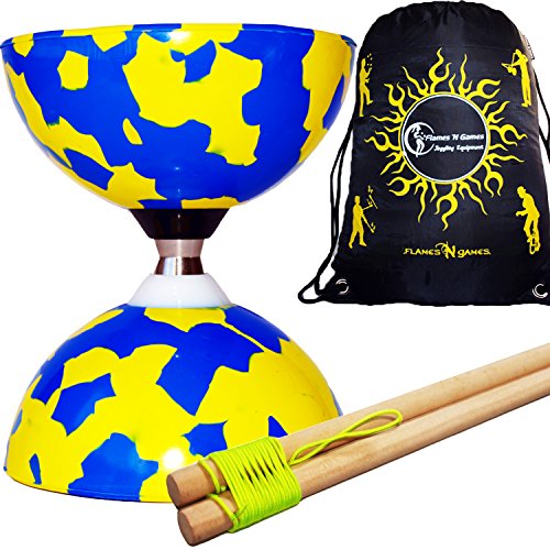 Juggle Dream Jester Pro Diabolo Conjunto (5 Colores) Triple Pelota cojinete Embrague Diabolos + Palos de Madera, Diabolo Cuerda & Bolso de Viaje! (Azul/Amarillo)