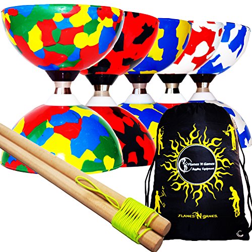 Juggle Dream Jester Pro Diabolo Conjunto (5 Colores) Triple Pelota cojinete Embrague Diabolos + Palos de Madera, Diabolo Cuerda & Bolso de Viaje! (Azul/Amarillo)