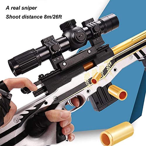 Juguete Foam Blasters Guns Sniper, Rifle de Francotirador AWM de Carga Manual, Experiencia Real, con 55 Balas Suaves y Telescopio Ajustable,White