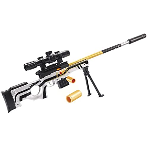 Juguete Foam Blasters Guns Sniper, Rifle de Francotirador AWM de Carga Manual, Experiencia Real, con 55 Balas Suaves y Telescopio Ajustable,White