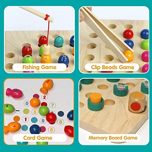 Juguetes Montessori Ajedrez de Memoria de Madera 4 EN 1 Juego de Magnética Pesca Puzzle Infantil Juegos Educativos Regalos para Juguetes niño niña 3 4 5 6 Años