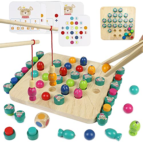 Juguetes Montessori Ajedrez de Memoria de Madera 4 EN 1 Juego de Magnética Pesca Puzzle Infantil Juegos Educativos Regalos para Juguetes niño niña 3 4 5 6 Años