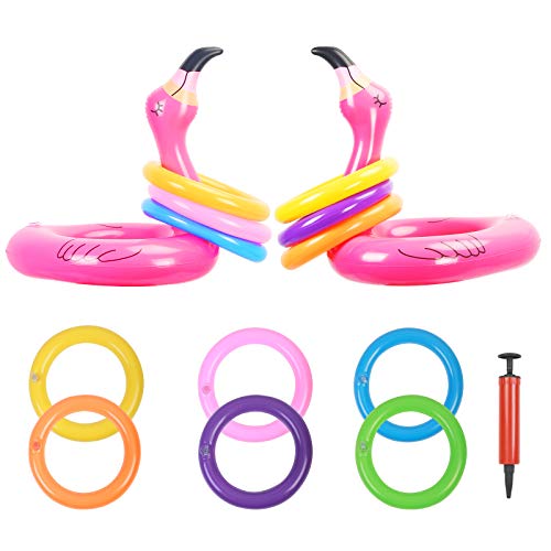 KATOOM 14PCS Juego Inflable con Anillos, Juguete Flamenco con Anillos, Juego Inflable de Lanzamiento con 12 Anillo y 2 Flamenco para Amigos y familias en Fiesta/Piscina