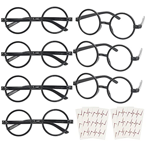 KATOOM 16PCS Gafas de Harry Potter, Gafas Redondas de Infantil, con 6 Hojas Tatuaje para Niños, Gafas Wizard sin Lentes Estilo de Empollón para Materiales de Fiesta de Disfraces Halloween, Negro