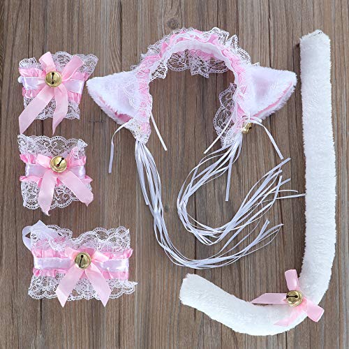 KEESIN 5 piezas mujeres niñas lindo disfraz de cosplay encaje gato gatito orejas diadema corbatas pulseras y cola para carnaval halloween fiesta de navidad (Pink)