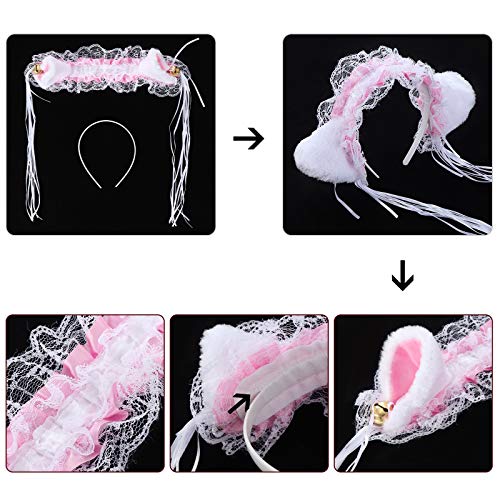 KEESIN 5 piezas mujeres niñas lindo disfraz de cosplay encaje gato gatito orejas diadema corbatas pulseras y cola para carnaval halloween fiesta de navidad (Pink)