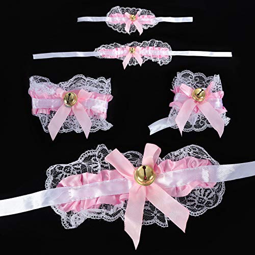 KEESIN 5 piezas mujeres niñas lindo disfraz de cosplay encaje gato gatito orejas diadema corbatas pulseras y cola para carnaval halloween fiesta de navidad (Pink)